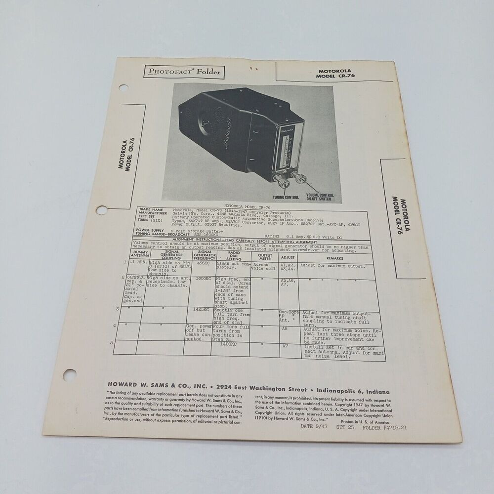 VTG Howard Sams 1947 Radio Photofact Folder Motorola Model CR-76